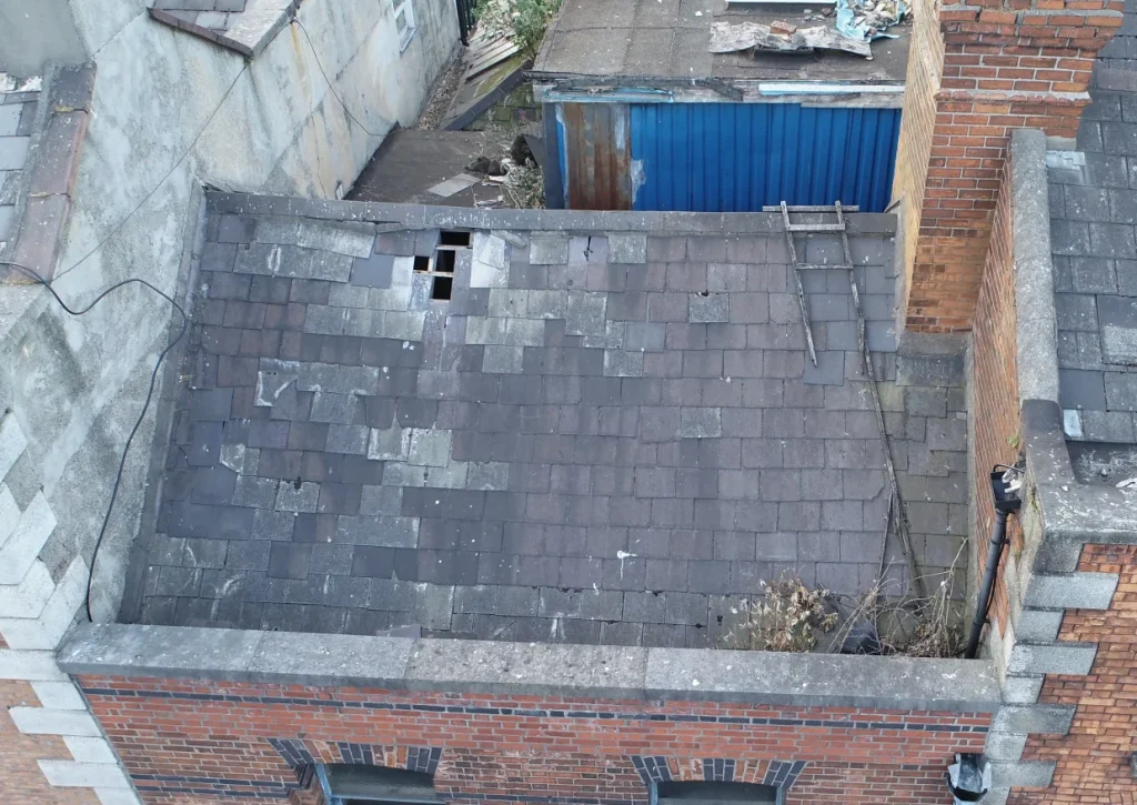 Drones for Local Authorities and Government 2 Drone roof inspection image showing a collapsing roof structure in Dublin Ireland