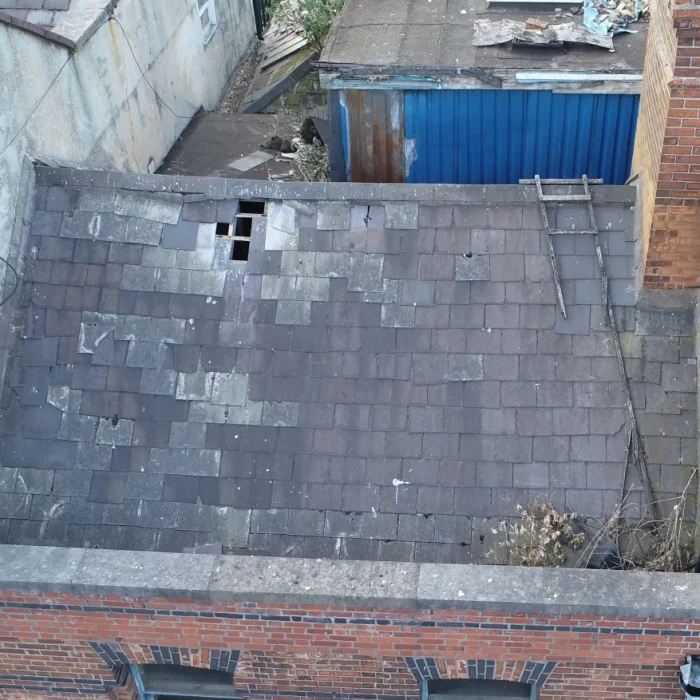 Drone Services Dublin 5 Drone roof inspection image showing a collapsing roof structure in Dublin Ireland