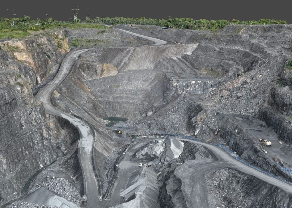 Benefits of Aerial Drone Surveys for Irish Projects 7 Aerial drone point cloud of an active quarry in Ireland showing multiple aggregate stockpiles and haul roads