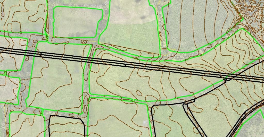 Case Study: 300 acre Solar Farm 3 CAD extraction from drone survey showing drainage ditches, field boundaries, and contour lines for solar farm planning
