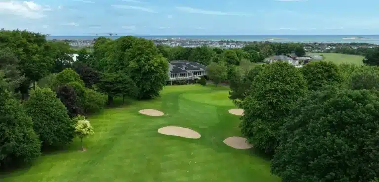Wide aerial frame of Skerries golf club and the north Dublin coastline