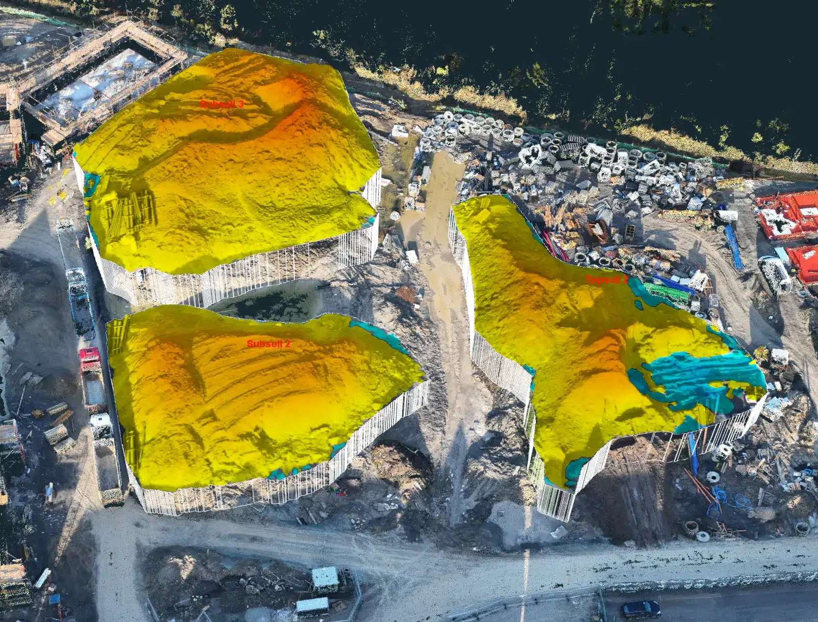 Volumetric Stockpile Surveys: What Drone Data Delivers vs Traditional Survey 2 3D drone survey stockpile volume heatmap showing cut and fill depths across material stockpiles, Ireland