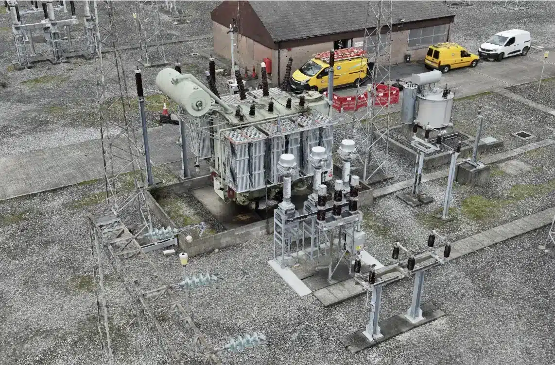 Drones in Renewable Energy 1 Drone 3D model of an electrical substation showing a transformer, switchgear and lattice structures