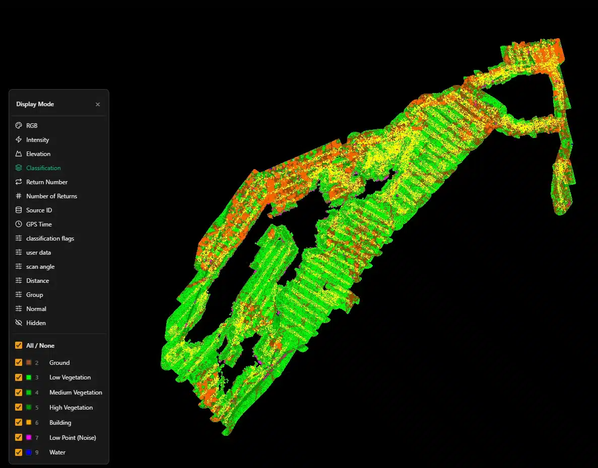 Drone LiDAR Surveying 8 Drone LiDAR point cloud classified into ground, low, medium and high vegetation, buildings and noise